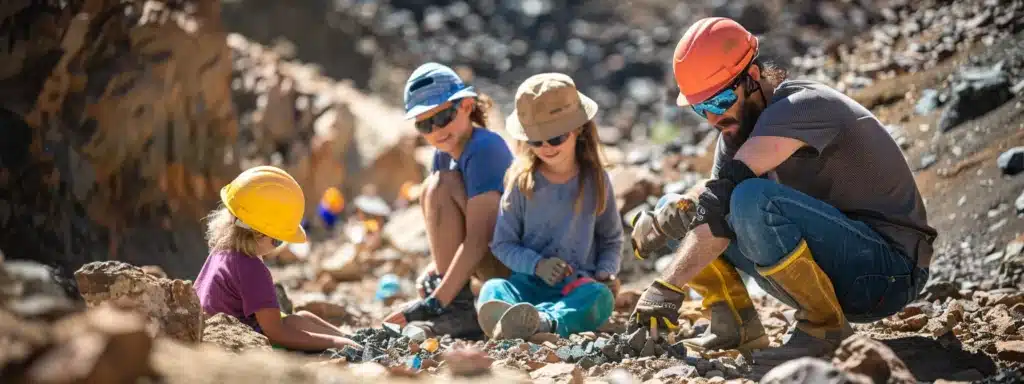a vibrant, bustling gem mining site with families clad in essential safety gear—colorful protective eyewear, sturdy footwear, and gloves—engaged in treasure hunting amidst rocky terrain, emphasizing safety and excitement in a dynamic, adventurous setting.