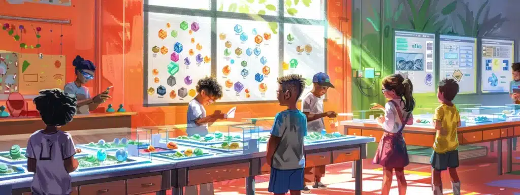a vibrant indoor classroom setting showcases children engaged in a hands-on gem mining workshop, closely following illustrated safety guidelines displayed on a bright bulletin board, emphasizing the importance of safety and responsible exploration.
